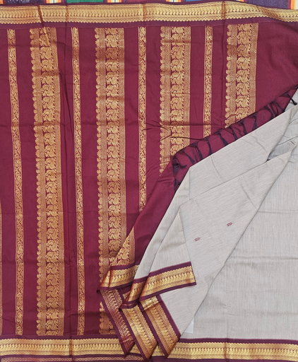 10 yards Kalyani Silk Light Biscuit /Maroon Border