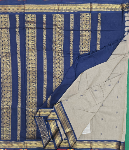 10 yards Kalyani Silk Light Grey /Navy Blue Border