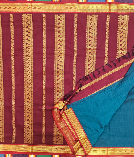 10 yards Kalyani Silk Ramar Green /Maroon Border