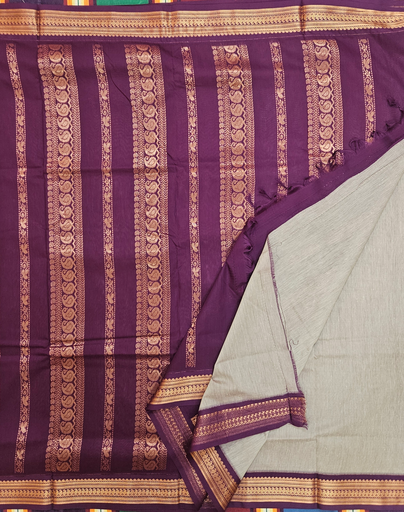 🔘 10 Yards Kalyani Silk Madisar – Light Grey with Antique Copper Grand Border