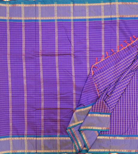9 yards Kalyani Cotton Check Blue with Self Border