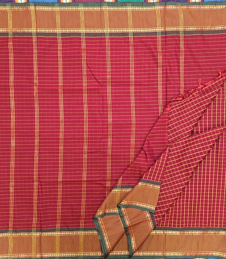 🌹 9 Yards Kalyani Cotton Madisar – Dark Maroon Check with Elegant Self Border