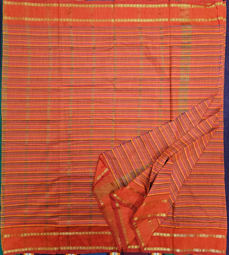 9 yards Kalyani Cotton Zebra saree Fanta Orange with Self Border