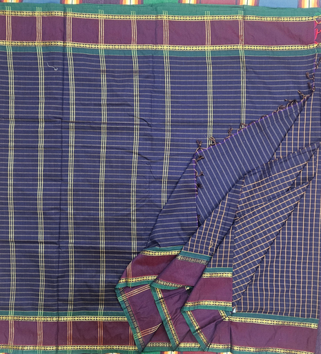 9 yards Kalyani Cotton Check Navy Blue with Self Border