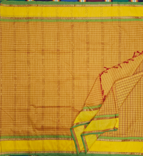 9 yards Kalyani Cotton Check Turmeric Yellow with Self Border 