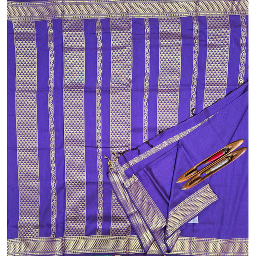 🟣 10 Yards Kalyani Cotton Madisar Saree – Purple with Grand Border (Silk Look)