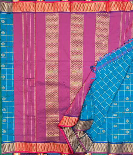 💎 10 Yards Arani Semi Silk Madisar – Turquoise Blue with Magenta Grand Border