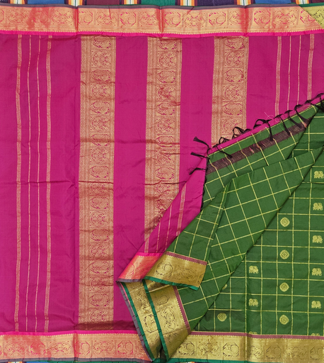🌿 10 Yards Arani Semi Silk Madisar – Mehandi Green with Magenta Grand Border