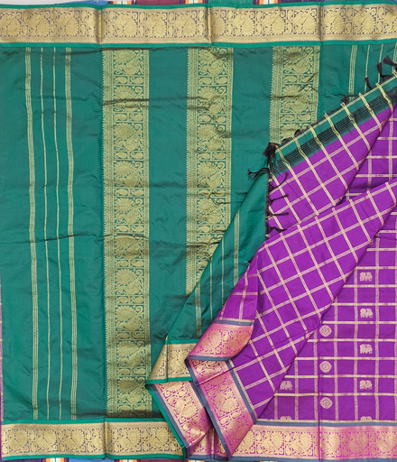 🍇 10 Yards Arani Semi Silk Madisar – Royal Violet with Forest Green Grand Border