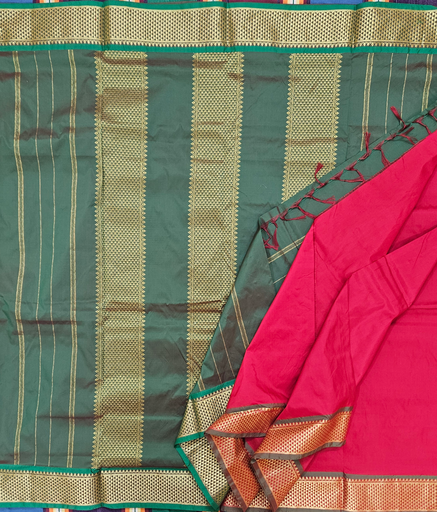 🚩 10 Yards Arani Semi Silk Madisar – Auspicious Red with Forest Green Grand Border