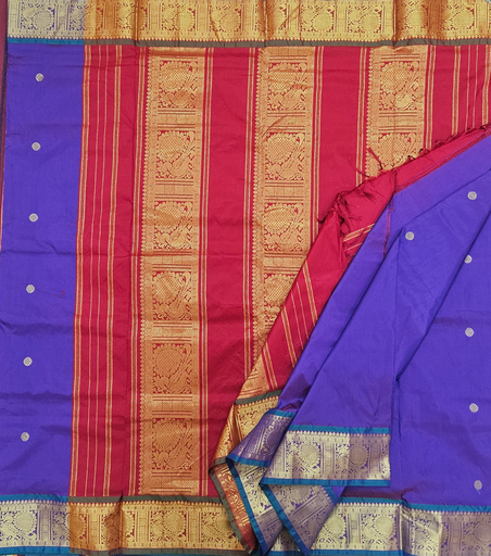 🌌 10 Yards Arani Semi Silk Madisar – Deep Ink Blue with Maroon Grand Border