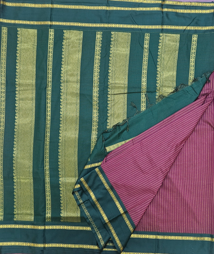 10 yards Kalyani Cotton small check Maroon with Green Border