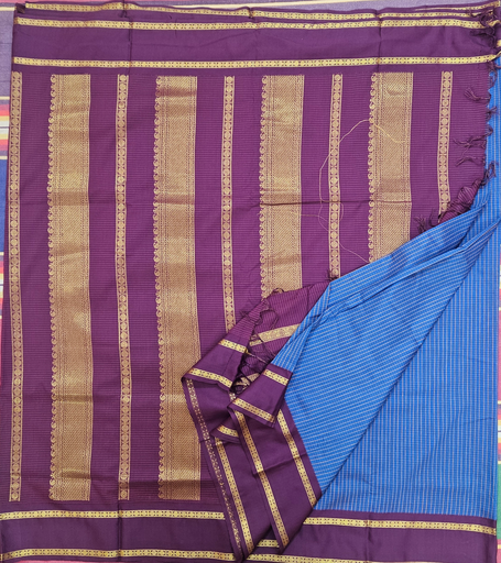 10 yards Kalyani Cotton small check Sky Blue with navy Blue Border