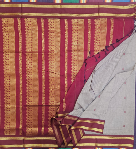 🍪 10 Yards Kalyani Cotton Madisar – Biscuit Color with Maroon Grand Border