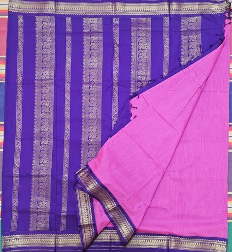 💙 10 Yards Kalyani Cotton Light Majenta with Ink Blue Border