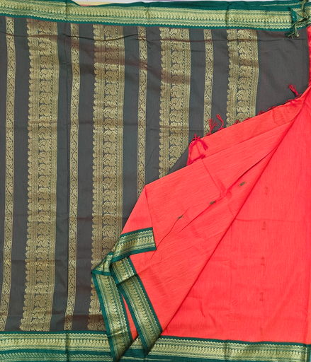 💙 10 Yards Kalyani Cotton  Fanta Orange with Manthulir Green Border