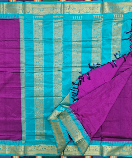 10 Yards Silk Madisar Saree – Purple with Greenish Blue Border | Traditional Iyer & Iyengar Madisar