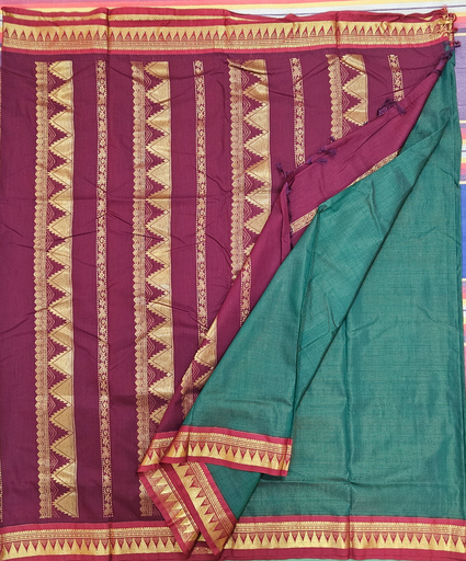 10 yards Kalyani Cotton Vairavusi Bottle green/Maroon Border