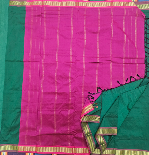 9 yards semi silk saree Green with Pink Border