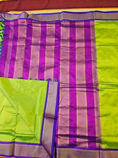 10 yards Pista Green/Purple Double Shade border Pure Silk Saree  