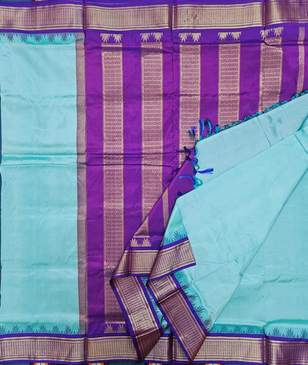 10 Yards Pure Silk Sea Blue /Purple Rich Pallu