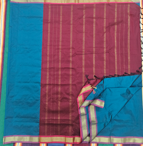 9 yards semi silk saree Ramar Blue /Maroon border