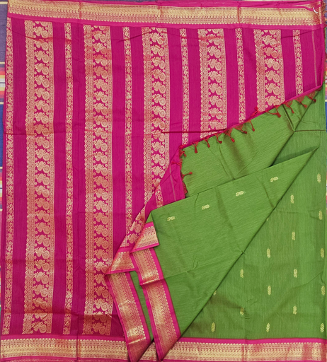 10 yards Kalyani Cotton Pista Green/ Majenta Border