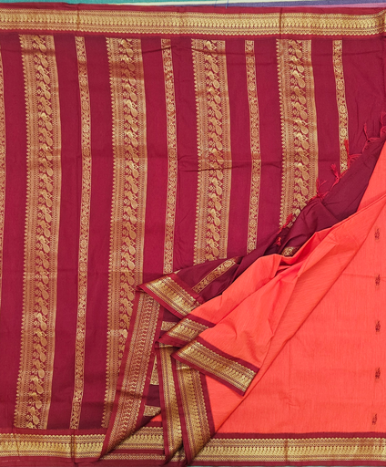 🌸 10 Yards Kalyani Cotton Fanta orange with Maroon Border