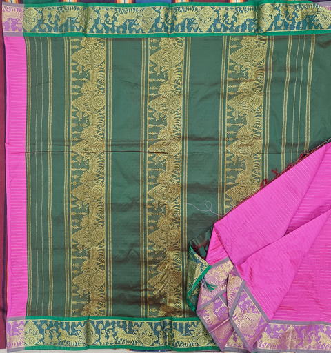 🌸 10 Yards Semi Silk Veldhari Madisar – Pink with Green Grand Border