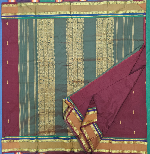 10 yards Semi Silk Saree Brown/Green Grand Pallu