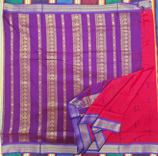 🍅 10 Yards Kalyani Cotton Madisar – Tomato Red with Royal Purple Border