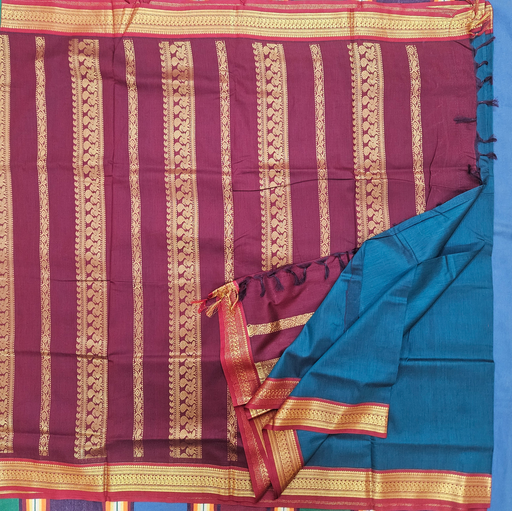 🌿 10 Yards Kalyani Cotton Madisar – Ramar Green with Royal Purple Border