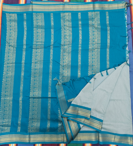 10 yards Kalyani cotton Bluish cream /Sky Blue Border