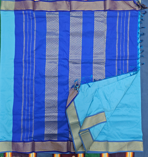 9 yards semi silk saree Sky Blue/ink Blue border